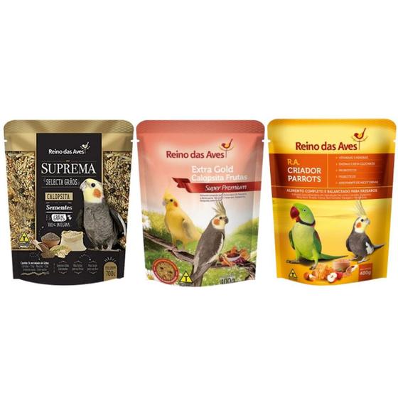 Imagem de Kit Reino das Aves - Mix de Sementes Suprema Selecta Grãos + Extra Gold Calopsita Frutas + Farinhada RA Parrots