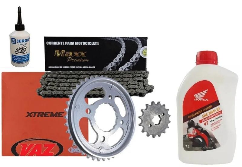 Imagem de Kit Relação Coroa Pinhão Vaz Aço 1045 + Corrente Max + 1 Óleo Motor 10w30 Honda + Lubrificante Corrente Jerod  Cg Titan Fan 125 2009 ~ 2021