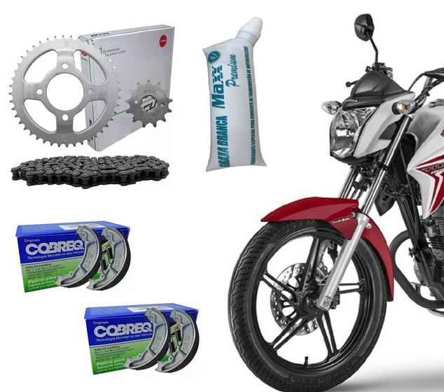 Imagem de Kit Relação Retentor Scud + Graxa Branca + Jogo Lona Cobreq Cg Titan Fan Cargo Mix Flex Tração Corrente Coroa Pinhão Aço 1045 Reforçada H Ano 2004 Até