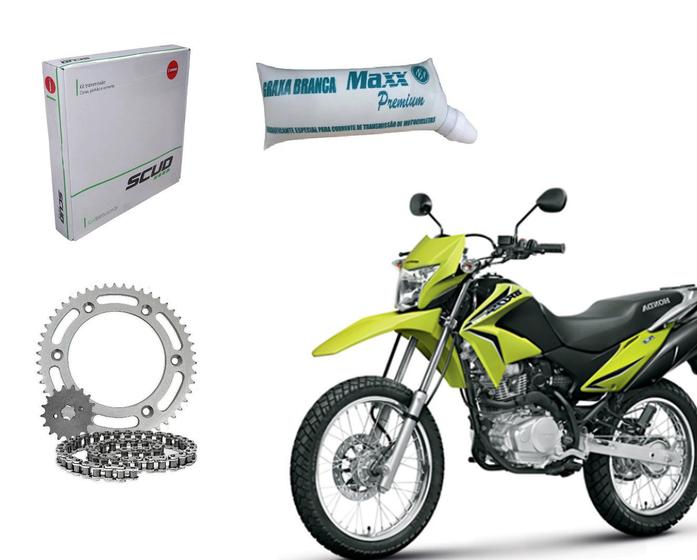 Imagem de Kit Relação Retentor Scud + Graxa Branca Nxr 125 150 Bros Tração Corrente Coroa Pinhão Aço 1045 Reforçada H Ano 2006 Até 2014