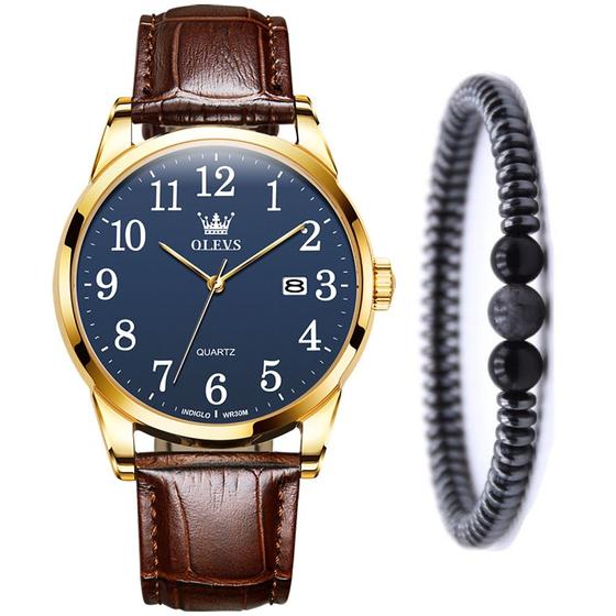 Imagem de Kit Relógio Analógico Masculino Gold Com Pulseira Hematita