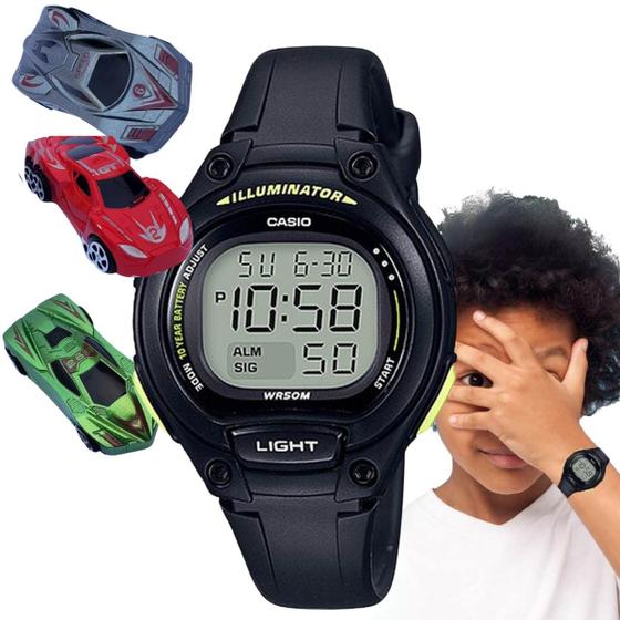 Imagem de Kit Relógio Casio Infantil Masculino Meninos Digital Resistente Agua 50 Metros Redondo Pequeno Alarme Preto LW-203 + 3 Carrinhos