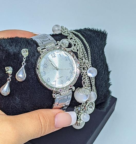 Imagem de Kit Relógio de Pulso Feminino Analógico Aço Inox Strass com Pedras Zircônias Quartz +Pulseira e Brincos+ Caixa Presente