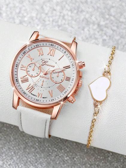 Imagem de Kit Relógio De Pulso Feminino Pulseira E Acessórios Branco