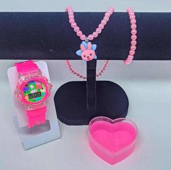 Imagem de Kit Relógio de Pulso Infantil Digital Pisca Luz Toca Musica Colorido Disney +Colar Pulseira Miçangas + Caixa Coração