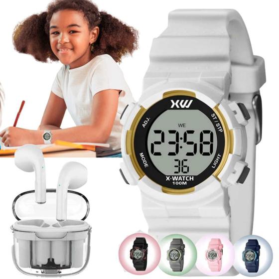 Imagem de Kit Relógio de Pulso X-Watch Moda Jovem Adolescente Esportivo Digital Pulseira Silicone Azul Rosa Cinza Preto Branco XKPPD + Fone Bluetooth