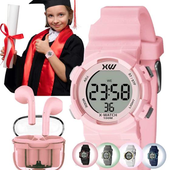 Imagem de Kit Relógio de Pulso X-Watch Moda Jovem Esportivo Digital Pulseira Silicone Azul Rosa Cinza Preto Branco + Fone Bluetooth