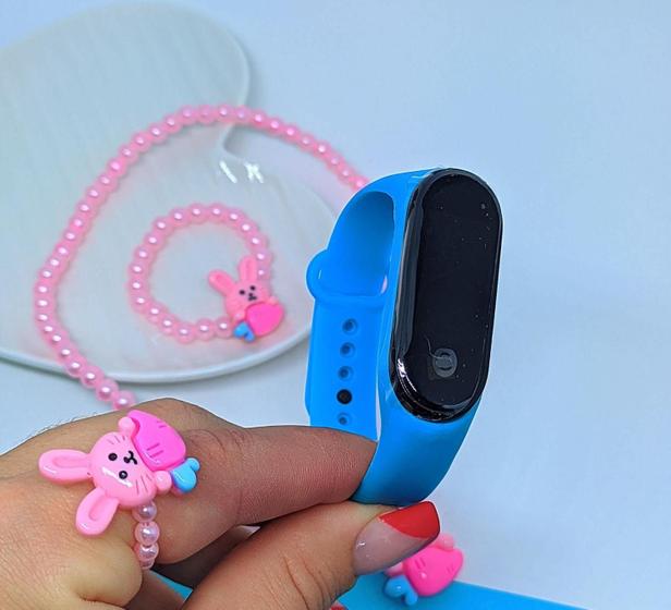 Imagem de Kit Relógio Digital Bracelete Prova água Silicone Menina + Conjunto Infantil Colar e Pulseira Anel Miçangas com Pingente