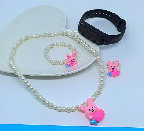 Imagem de Kit Relógio Digital Bracelete Prova água Silicone Menina + Conjunto Infantil Colar e Pulseira Anel Miçangas com Pingente