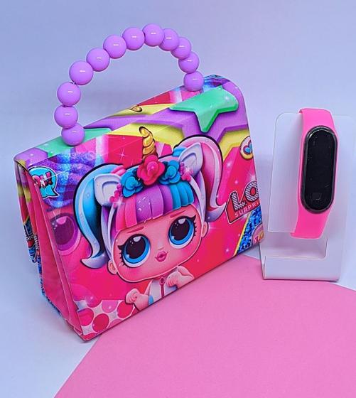 Imagem de Kit Relógio Digital Bracelete Silicone Ajustável + Bolsa Bolsinha infantil Mini Bag Alça de Pérolas Disney Barbie Rosa