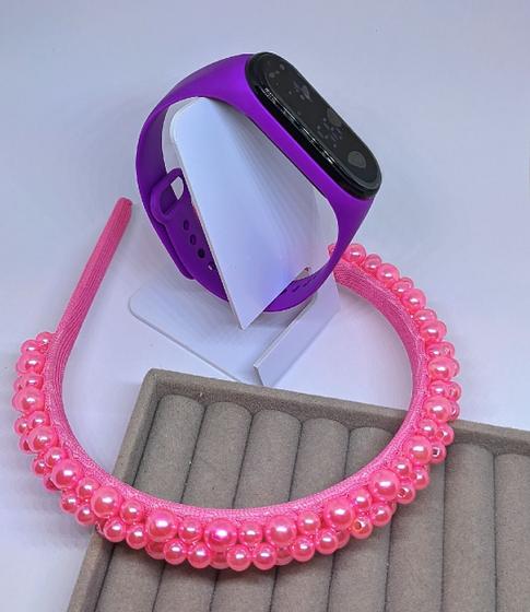 Imagem de Kit Relógio Digital Led Prova água Bracelete Adulto Infantil Feminino + Arco Tiara Arquinho Cabelo Pérolas Bordada