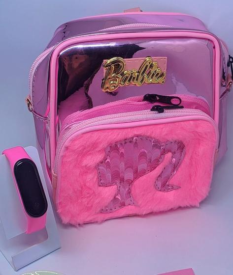 Imagem de Kit Relógio Digital Led Prova água Silicone + Mochila Bolsa Princesa disney Barbie Rosa Pink Menina Creche Escola Moda