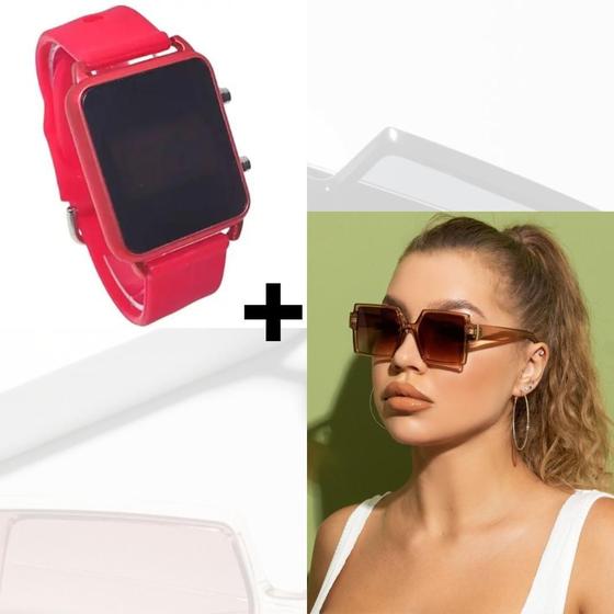 Imagem de Kit Relógio Digital Led Silicone ajustável Esporte + Óculos de Sol Feminino Armação Grande degradê Luxo Tendência Moda