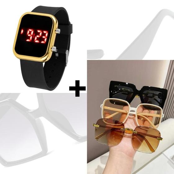 Imagem de Kit Relógio Digital Led Silicone ajustável + Óculos de Sol Feminino Quadrado Armação Grande degradê Luxo Moda Blogueira