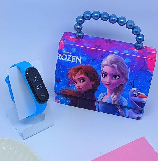 Imagem de Kit Relógio Digital Prova água Silicone Ajustável + Bolsa Infantil Ombro Bag Princesa Disney Alça Pérolas Moda Blogueira