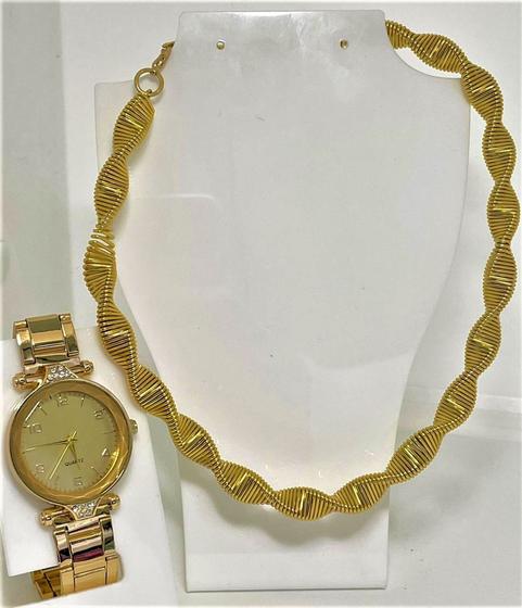 Imagem de Kit Relógio Dourado Feminino + Colar Entrelaçado Dourado Folheado - Presente Namorados
