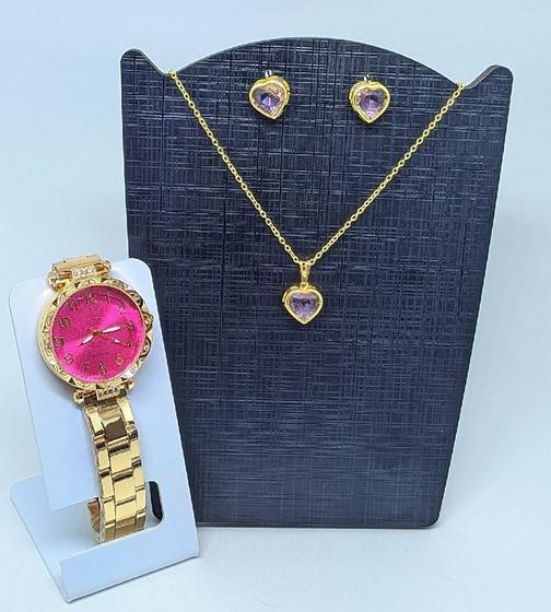 Imagem de Kit Relógio Feminino Aço Inox Strass Pedras Zircônias Analógico Dourado Rose + Conjunto Colar e Brincos Folheado Ouro