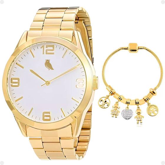 Imagem de Kit Relógio Feminino Alto Brilho Dourado Banhado Ouro 18K + Pulseira Exclusiva Estilo Berloque Elegante Social Dia Dia