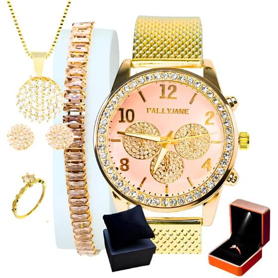 Imagem de Kit Relógio Feminino+ Colar+ Brincos+ Pulseira+ Anel