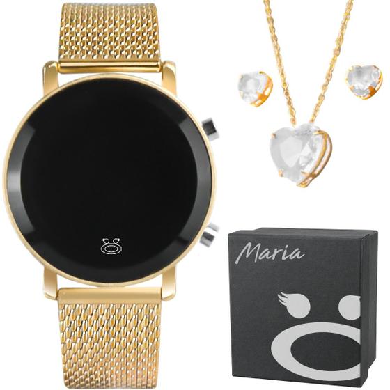 Imagem de KIT Relógio Feminino Digital Dourado Led Pulseira Silicone Ajustável Colar e Pulseira com Pedras Strass Transparente Caixa Exclusiva Orizom 