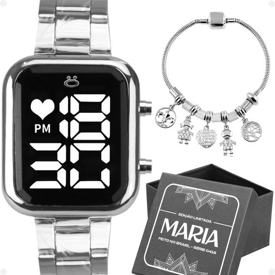 Imagem de Kit Relógio Feminino Digital Quadrado Prata Dourado Aço Inox + Pulseira Berloque Banhado