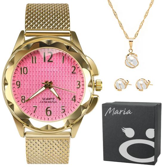Imagem de Kit Relógio Feminino Dourado Fundo Rosa Pequeno Prova D'água Luxo Banhado + Pulseira + Colar Prata