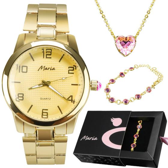 Imagem de Kit Relógio Feminino Dourado Orizom com Pulseira e Colar Banhado a Ouro Pedra Zirconia Rosa