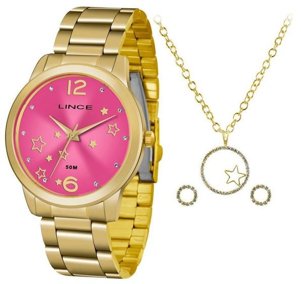 Imagem de Kit Relógio Feminino Lince Dourado Com Colar E Brinco