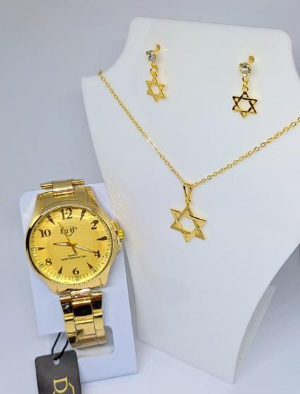 Imagem de Kit Relógio Feminino Pallyjane DHP a Prova Água Todo em Aço Inox + Conjunto Colar e Brincos Folheado Ouro