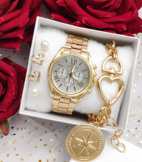 Imagem de Kit Relógio Feminino Pallyjane Prova D'água Todo em aço Inoxidável Dourado Rose com Pulseira e Brincos + Caixa