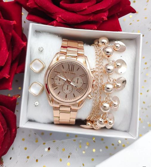 Imagem de Kit Relógio Feminino Pallyjane Prova D'água Todo em aço Inoxidável Dourado Rose com Pulseira e Brincos + Caixa