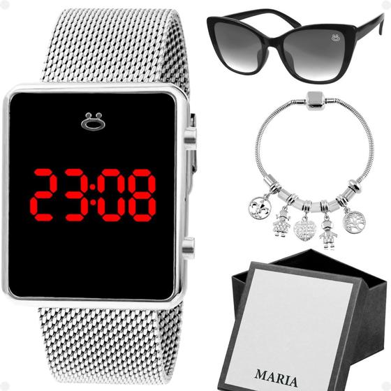 Imagem de Kit Relogio Feminino Prata Led Digital Quadrado + Óculos de Sol + Pulseira Berloque