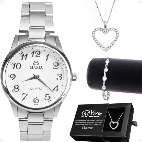 Imagem de Kit Relógio Feminino Prata + Pulseira + Colar Coração Rma50