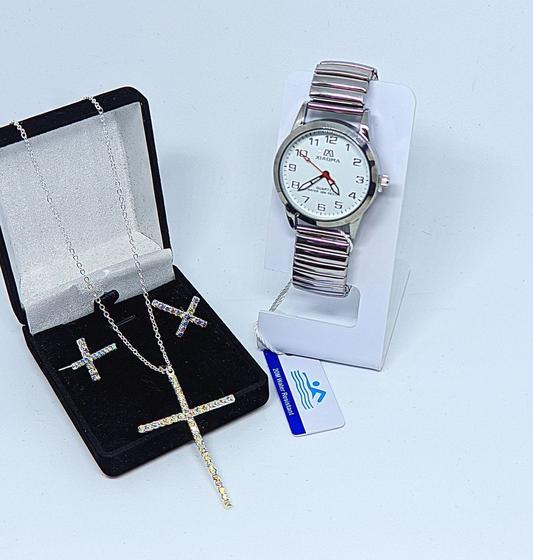 Imagem de Kit Relógio Feminino Quartz aço inox Pulseira elástica analógico Redondo + Conjunto Colar e Par Brincos Folheado a Prata