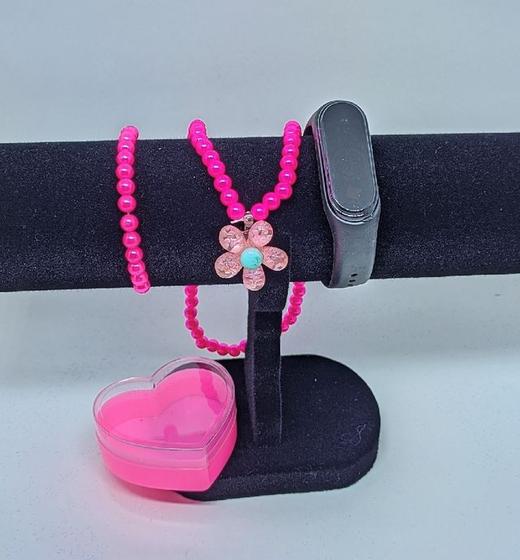 Imagem de Kit Relógio Infantil Digital Led Bracelete Esportivo Prova água Silicone + Colar e Pulseira Miçangas Caixa Coraçao