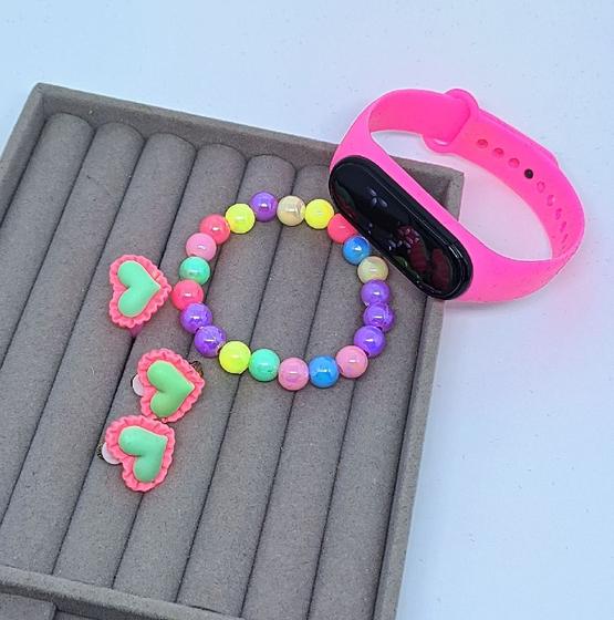 Imagem de Kit Relógio Infantil Digital Led Prova água Bacelete Silicone Crianças Menina + Pulseira Brincos Anel Miçangas Coloridas