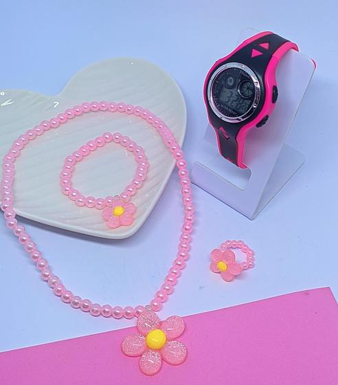 Imagem de Kit Relógio Infantil Digital Menina Cronometro Alarme Calendário Luz Led + Conjunto Colar e Pulseira Anel Miçangas Moda