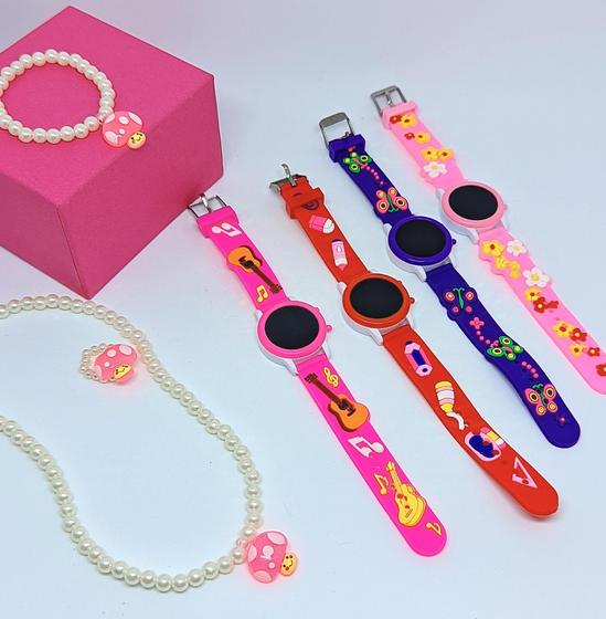 Imagem de Kit Relógio Infantil Digital Menina Silicone ajustável Desenho 3D + Conjunto Colar Pulseira e Anel Miçangas Pérolas
