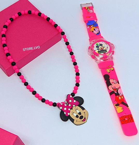 Imagem de Kit Relógio Infantil Digital Pisca Luz Led Toca Musica barbie Frozen + Colar Miçangas com Pingente 3D Princesas Moda