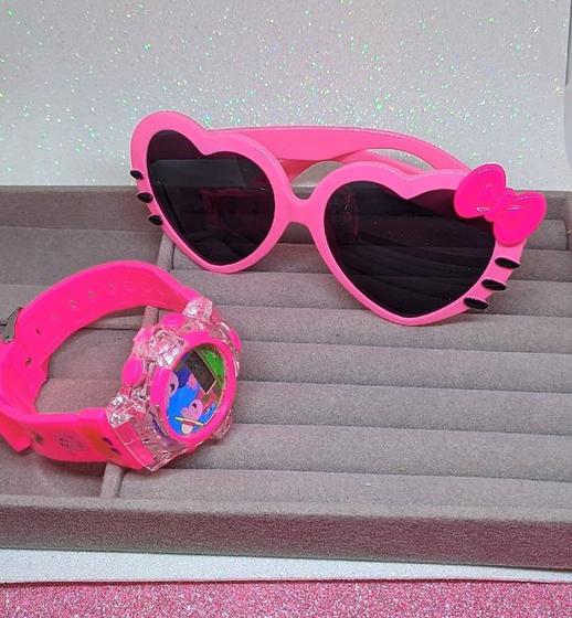 Imagem de Kit Relógio Infantil Digital Pisca Luz Led Toca Musica Princesas + Óculos de Sol Coração Gatinho com Laço Menina Moda