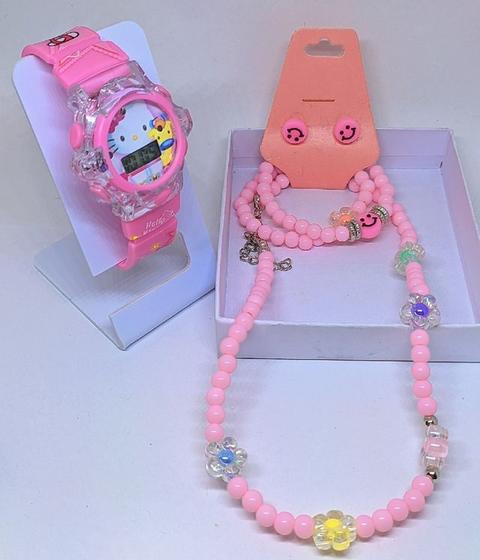 Imagem de kit Relógio infantil Digital Pisca Toca Musica Meninas + Conjunto Colar e Pulseiras Brincos Miçangas Florzinhas Smile