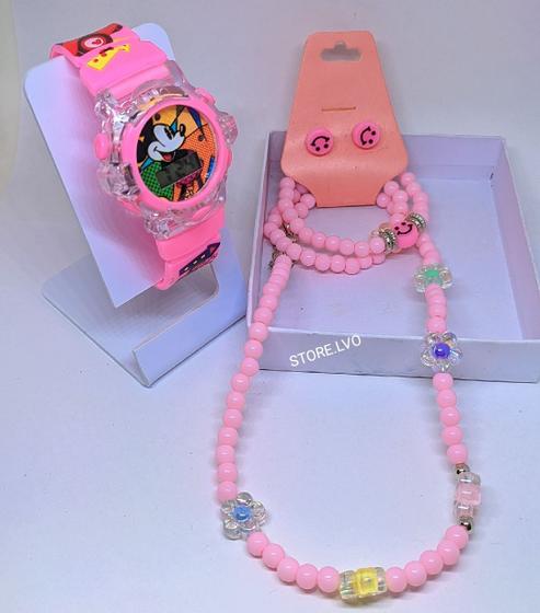 Imagem de kit Relógio infantil Digital Pisca Toca Musica Meninas + Conjunto Colar e Pulseiras Brincos Miçangas Florzinhas Smile