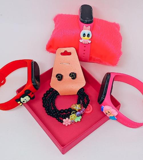 Imagem de Kit Relógio Infantil Digital Prova água Bracelete Silicone Crianças Meninas Disney Desenho 3D +Pulseiras Brincos Moda