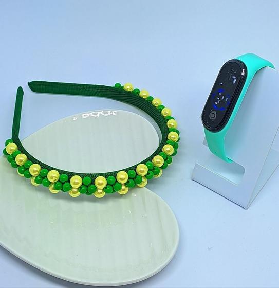 Imagem de Kit Relógio Infantil Menina Digital Led Bracelete Silicone Prova água + Tiara Arquinho Bordada Pérolas Moda Presente