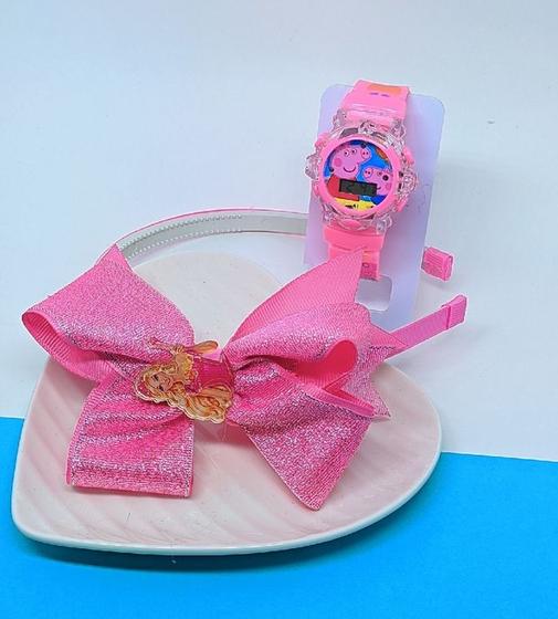 Imagem de Kit Relógio Infantil Menina Digital Pisca Luz Led Toca Musica Princesas Disney+ Tiara Arquinho de Cabelo com Laço