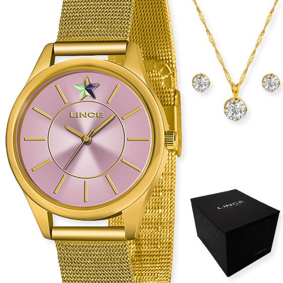 Imagem de Kit relógio lince feminino dourado analógico com colar e brinco lrgj147l r1kx