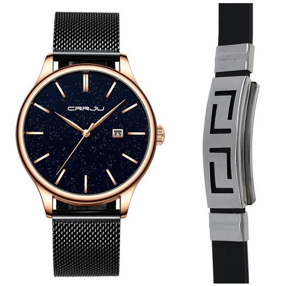 Imagem de Kit Relógio Masculino Crrju Dourado Casual Luxo Com Pulseira