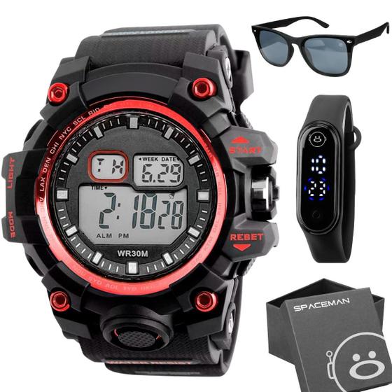 Imagem de KIT Relógio Masculino Digital Preto com Vermelho Resistente Água Pulseira Silicone 1 Relógio Digital Bracelete 1 Óculos Sol Preto Proteção UV