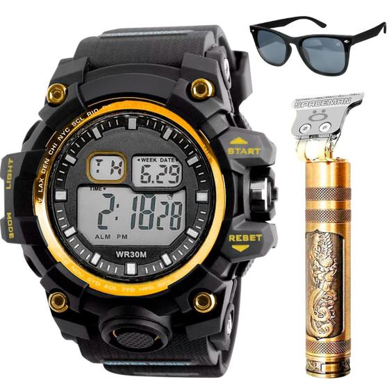 Imagem de KIT Relógio Masculino Digital Preto Dourado Pulseira Silicone Resistente Água Óculos Sol Preto Proteção UV Máquina Cortar Cabelo Orizom Dragon