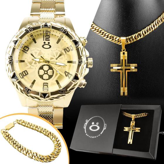 Imagem de Kit Relógio Masculino Dourado Aço Pulseira Colar